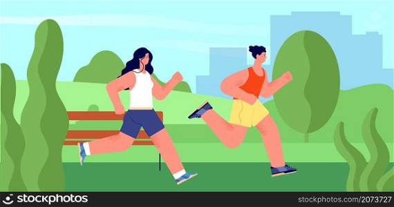Runners in park. Outdoor athlete, runner jogging summer marathon. Nature activities, people run together. Healthy lifestyle utter vector concept. Illustration runner marathon, active jogging together. Runners in park. Outdoor athlete, runner jogging summer marathon. Nature activities, people run together. Healthy lifestyle utter vector concept