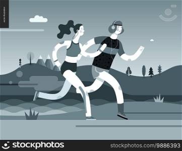 Runners - runners in the park - flat vector concept illustration of young man and woman with headphones, sporting equipment. Healthy activity. Park, trees, hills and a lake landscape, black and white. Runners - man and woman exercising