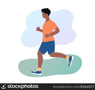 Running african american man outdoors. Young athletic man jogging in sportswear with fitness bracelet. Healthy lifestyle and sport concept. Morning jog in park. Flat vector illustration.. Running african american man outdoors. Young athletic man jogging in sportswear with fitness bracelet. Healthy lifestyle and sport concept. Morning jog in park. Flat vector illustration