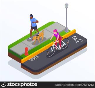Running and cycling concept with active lifestyle symbols isometric vector illustration