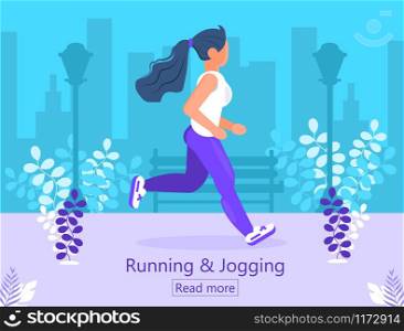 Running and jogging landing page. Woman is running in city park. Marathon, city run, training, cardio exercising. Outdoor activity, fitness, losing weight program vector. Running and jogging landing page. Woman is running in city park. Marathon, city run, training, cardio exercising. Outdoor activity, fitness, losing weight program