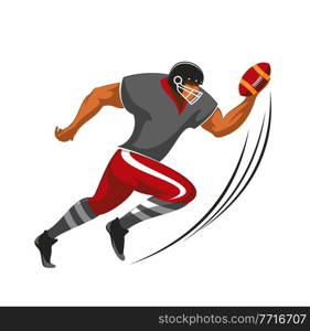 Running back player, american football game athlete in uniform and helmet run with ball. Cartoon muscular league sportsman character in motion, ch&ionship, competition isolated on white background. Running back player american football game athlete