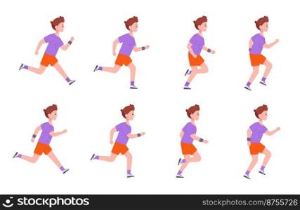 Running boy sequence. Little man run steps animation, profile motion 2d character step jogging men cycle loop sprite sheet frame cartoon runner athlete vector illustration. Sequence run people. Running boy sequence. Little man run steps animation, profile motion 2d character step jogging men cycle loop sprite sheet frame cartoon runner athlete splendid vector illustration