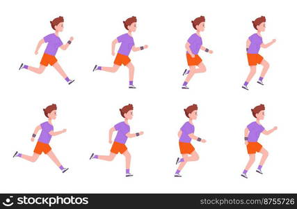 Running boy sequence. Little man run steps animation, profile motion 2d character step jogging men cycle loop sprite sheet frame cartoon runner athlete vector illustration. Sequence run people. Running boy sequence. Little man run steps animation, profile motion 2d character step jogging men cycle loop sprite sheet frame cartoon runner athlete splendid vector illustration