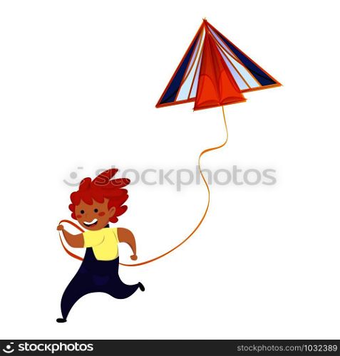 Running boy with kite icon. Cartoon of running boy with kite vector icon for web design isolated on white background. Running boy with kite icon, cartoon style