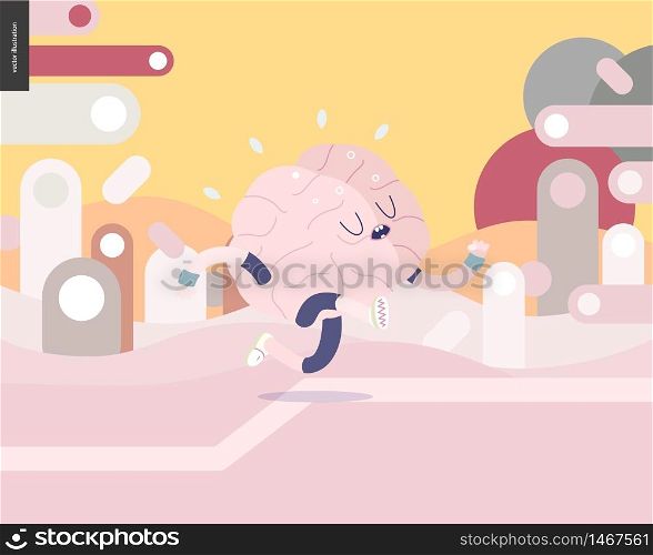 Running brain on pink and yellow landscape illustrated vector banner - rounded colorful shapes abstract scenery on pink and yellow background and a brain wearing a training suit, running outside. Running brain on pink and yellow landscape illustration