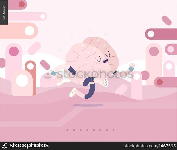 Running brain on pink landscape illustrated vector banner - rounded colorful shapes abstract scenery on pink background and a brain wearing a training suit running outside. Running brain on pink landscape illustration