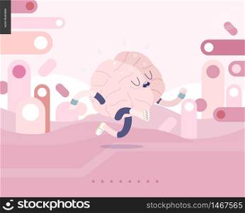 Running brain on pink landscape illustrated vector banner - rounded colorful shapes abstract scenery on pink background and a brain wearing a training suit running outside. Running brain on pink landscape illustration