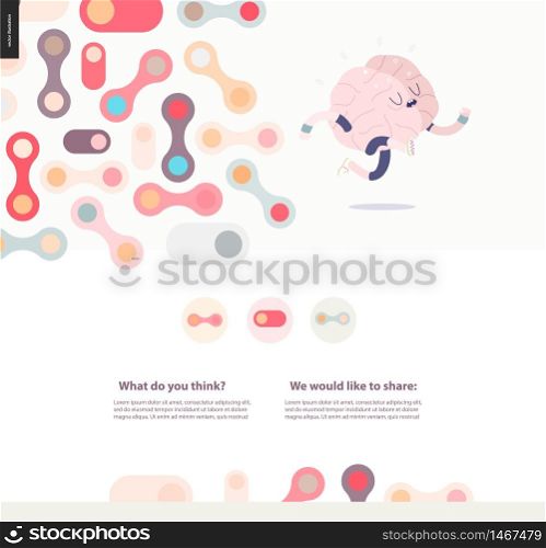 Running brain template design web mockup vector banner - rounded pastel colored shapes isolated on cream background accompanied with a title and text block template, and running brain. Web design template with running brain