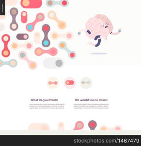 Running brain template design web mockup vector banner - rounded pastel colored shapes isolated on cream background accompanied with a title and text block template, and running brain. Web design template with running brain