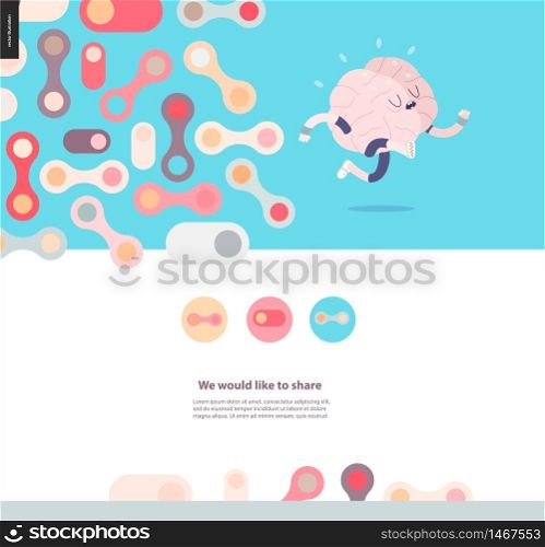 Running brain template design web mockup vector banner - rounded pastel colored shapes isolated on blue background accompanied with a title and text block template, and running brain. Web design template with running brain