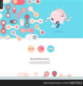 Running brain template design web mockup vector banner - rounded pastel colored shapes isolated on blue background accompanied with a title and text block template, and running brain. Web design template with running brain