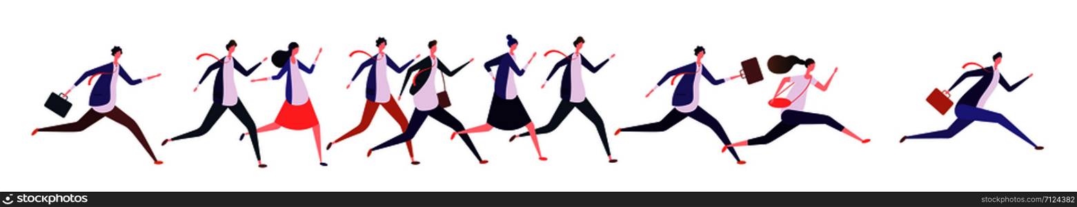 Running business people. Businessman businesswoman, jogging persons run to goal. Competition, leadership and success vector concept. Businesswoman and businessman competition illustration. Running business people. Businessman businesswoman, jogging persons run to goal. Competition, leadership and success vector concept