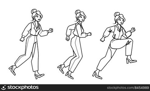 running business woman vector. suit businesswoman, fast hyrry girl, office female, executive person late running business woman character. people black line pencil drawing vector illustration. running business woman vector