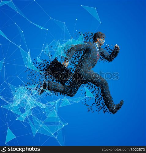 Running businessman figure made of scattered balls. Triangles and dots background