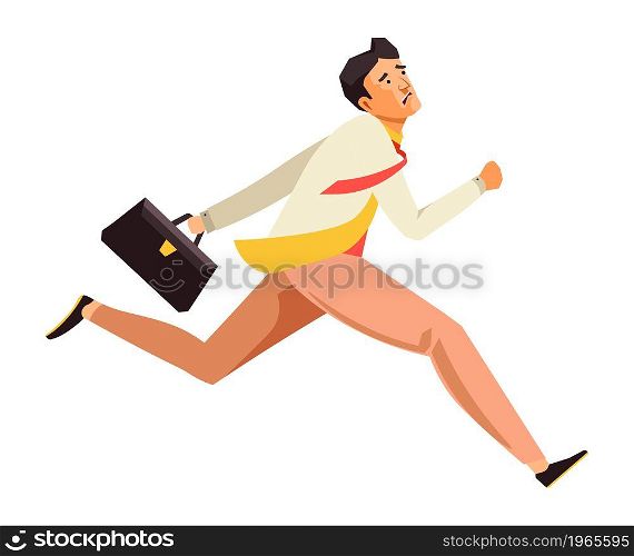 Running businessman in formal wear with briefcase, isolated man late for meeting or work. Employee meeting deadline, stressed job with worries, getting in time. Vector in flat style illustration. Businessman with briefcase late for work running