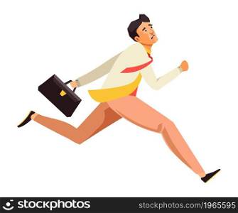 Running businessman in formal wear with briefcase, isolated man late for meeting or work. Employee meeting deadline, stressed job with worries, getting in time. Vector in flat style illustration. Businessman with briefcase late for work running