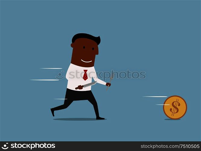 Running cartoon black businessman chases golden dollar coin with fork and knife in hands, for finance theme design. Cartoon businessman chases golden dollar coin