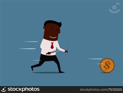 Running cartoon black businessman chases golden dollar coin with fork and knife in hands, for finance theme design. Cartoon businessman chases golden dollar coin