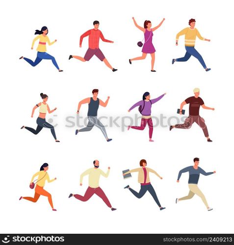Running characters. Cartoon people wearing casual and sport clothes running and jogging, hurry men and women. Vector set. Female and male athletes exercising, employees late for work. Running characters. Cartoon people wearing casual and sport clothes running and jogging, hurry men and women. Vector set