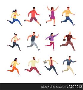Running characters. Cartoon people wearing casual and sport clothes running and jogging, hurry men and women. Vector set. Female and male athletes exercising, employees late for work. Running characters. Cartoon people wearing casual and sport clothes running and jogging, hurry men and women. Vector set