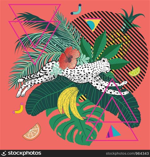 Running cheetah with tropical fruits and leaves design.