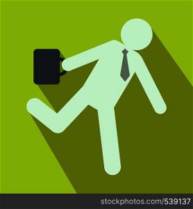 Running clerk icon in flat style on green background. Businessman late to work. Running clerk icon, flat style