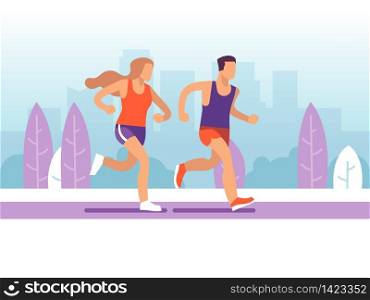 Running couple. Man and woman jogging in park, morning active training marathon, healthy lifestyle motivational cartoon vector athletes concept. Running couple. Man and woman jogging in park, morning active training marathon, healthy lifestyle motivational cartoon vector concept