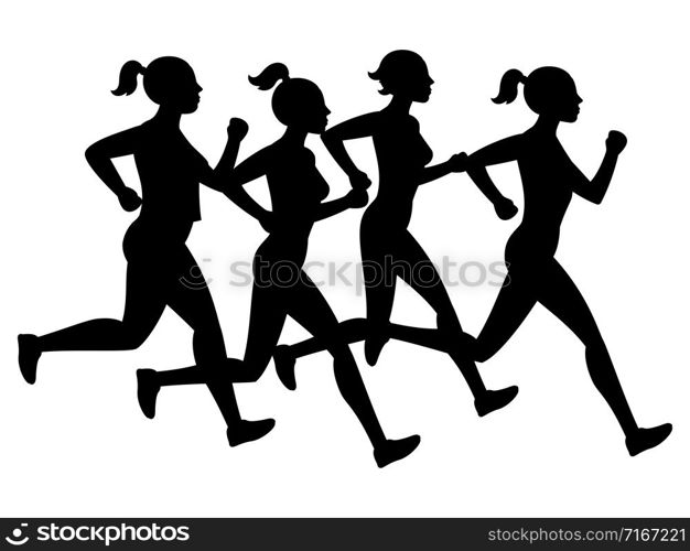 Running female silhouettes isolated on white background - leadership concept. Female silhouette runner, run sport girl illustration. Running female silhouettes isolated on white background - leadership concept