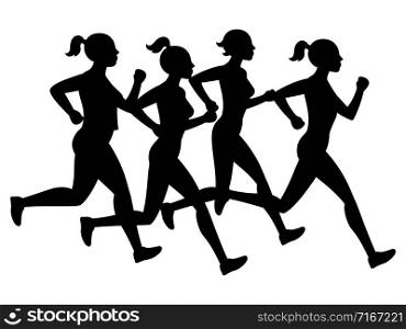 Running female silhouettes isolated on white background - leadership concept. Female silhouette runner, run sport girl illustration. Running female silhouettes isolated on white background - leadership concept