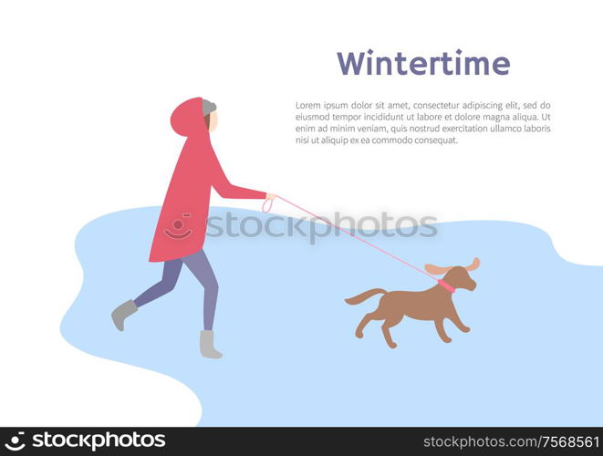 Running girl with pet in wintertime. Woman keeping brown dog on leash and dressing in pink jacket with hood and hat, in jeans and ugg-boots vector. Running Girl with Small Dog in Wintertime Vector