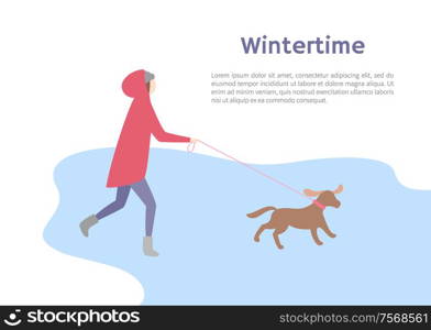 Running girl with pet in wintertime. Woman keeping brown dog on leash and dressing in pink jacket with hood and hat, in jeans and ugg-boots vector. Running Girl with Small Dog in Wintertime Vector