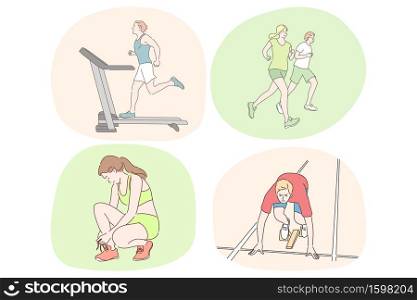 Running, healthy active lifestyle, sport, athletics, workout concept. Young sportsmen cartoon characters practicing running and jogging training on treadmill in gym and outdoors in park. Running, healthy active lifestyle, sport, athletics, workout concept