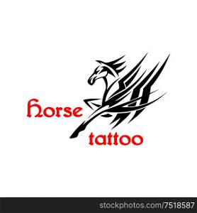 Running horse or pegasus symbol for tattoo or t-shirt print design usage. Brutal arabian stallion horse decorated by tribal pattern in a shape of mane and wings. Horse or pegasus with tribal ornamental wings