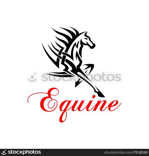 Running horse with outstretched foreleg silhouette with tribal pattern of powerful muscles and flowing mane. Equine themed tattoo or t-shirt print design. Running horse with tribal pattern symbol