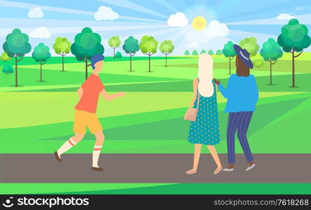 Running man and walking girls, passerby in park, sporty man wearing sportswear and women in casual clothes going on road outdoor near trees vector. Women and Runner in Park, People Leisure Vector