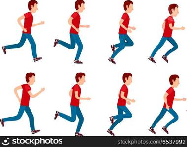 Running Man Animation Sprite Set. 8 Frame Loop.. Collection of running man icons. Animation sprite set frame loop. Sport. Run. Active fitness. Exercise and athlete. Variety of sport movements. Flat cartoon style. Side view. Simple design. Vector