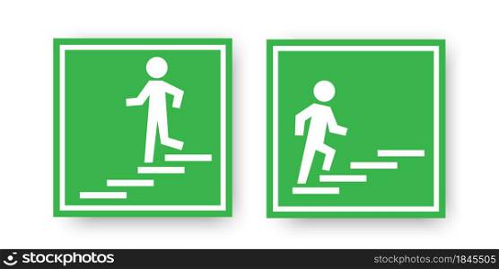 Running man go down and up stairs icon in frame on green backdrop. Fire safety concept. Vector illustration. Stock image. EPS 10.. Running man go down and up stairs icon in frame on green backdrop. Fire safety concept. Vector illustration. Stock image.