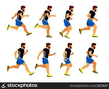 Running man young athlete in tracksuit. Animation frames. Vector sport illustrations isolate on white. Athlete run character, runner cartoon male training. Running man young athlete in tracksuit. Animation frames. Vector sport illustrations isolate on white
