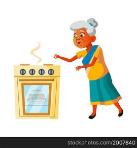 Running old woman hurry. Elderly. food is burning on the stove in the kitchen vector character flat cartoon Illustration. Running old woman hurry vector
