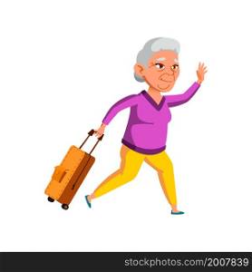 Running old woman late. Grandma late. hurrying to board plane bus vector character flat cartoon Illustration. Running old woman late vector