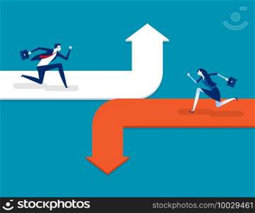 Running on the different arrow opposite direction. Concept business directional illustration, Flat cartoon vector design.