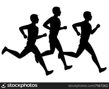 Running or jogging vector male silhouettes isolated on white background. Illustration of runner body people silhouette. Running or jogging vector male silhouettes isolated on white background