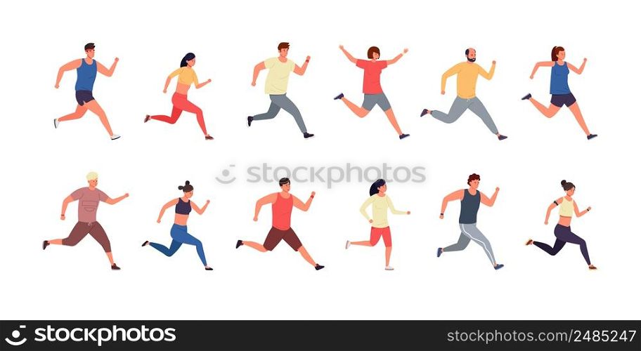 Running people. Cartoon athlete and runner men and women wearing sport clothes, jogging and running marathon. Vector isolated set. Male and female characters in sportswear leading healthy lifestyle. Running people. Cartoon athlete and runner men and women wearing sport clothes, jogging and running marathon. Vector isolated set
