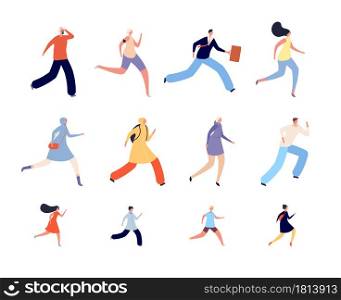 Running people characters. Athlete woman, runners or joggers in sportswear. Active human run, isolated adults kids hurry vector illustration. Jogger training, healthy sporty run for wellness. Running people characters. Athlete woman, runners or joggers in sportswear. Active human run, isolated adults kids hurry vector illustration