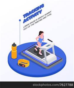 Running people concept with active tracking activity symbols isometric vector illustration