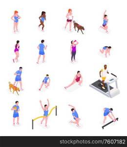 Running people icons set with active lifestyle symbols isometric isolated vector illustration