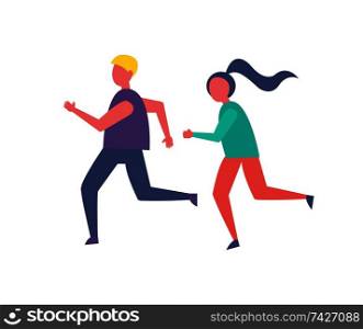 Running people, jogging couple isolated icon vector. Male and woman keeping fit and leading healthy lifestyle. Runners training exercising together. Running People Jogging Icon Vector Illustration
