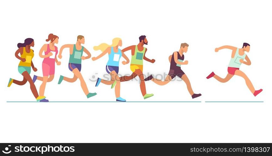 Running people. Men and women in sports clothes on marathon race, athletics event, sports group jogging, web banner design vector fitness concept. Running people. Men and women in sports clothes on marathon race, athletics event, sports group jogging, web banner design vector concept