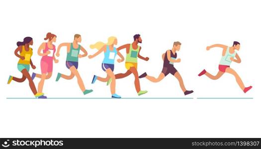 Running people. Men and women in sports clothes on marathon race, athletics event, sports group jogging, web banner design vector fitness concept. Running people. Men and women in sports clothes on marathon race, athletics event, sports group jogging, web banner design vector concept